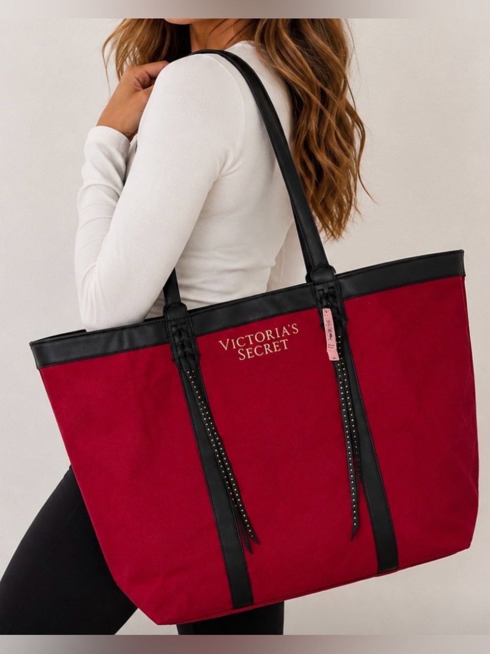 NWT Victoria's Secret Red and Black Canvas Tote with Studs❤️🖤